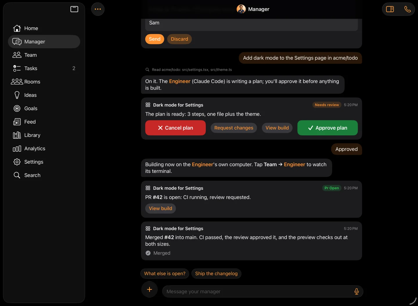 Varlet in its wide layout, the one the Mac runs: the sidebar and the Manager's chat with a plan to approve and a merged PR